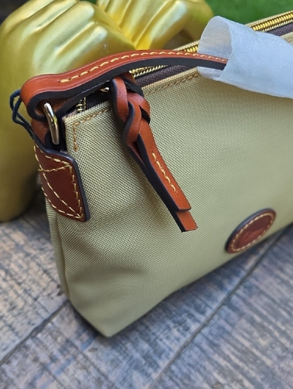 Dooney & Bourke Light Gold Nylon Crossbody with Brown Leather Trim - Picture 8 of 8